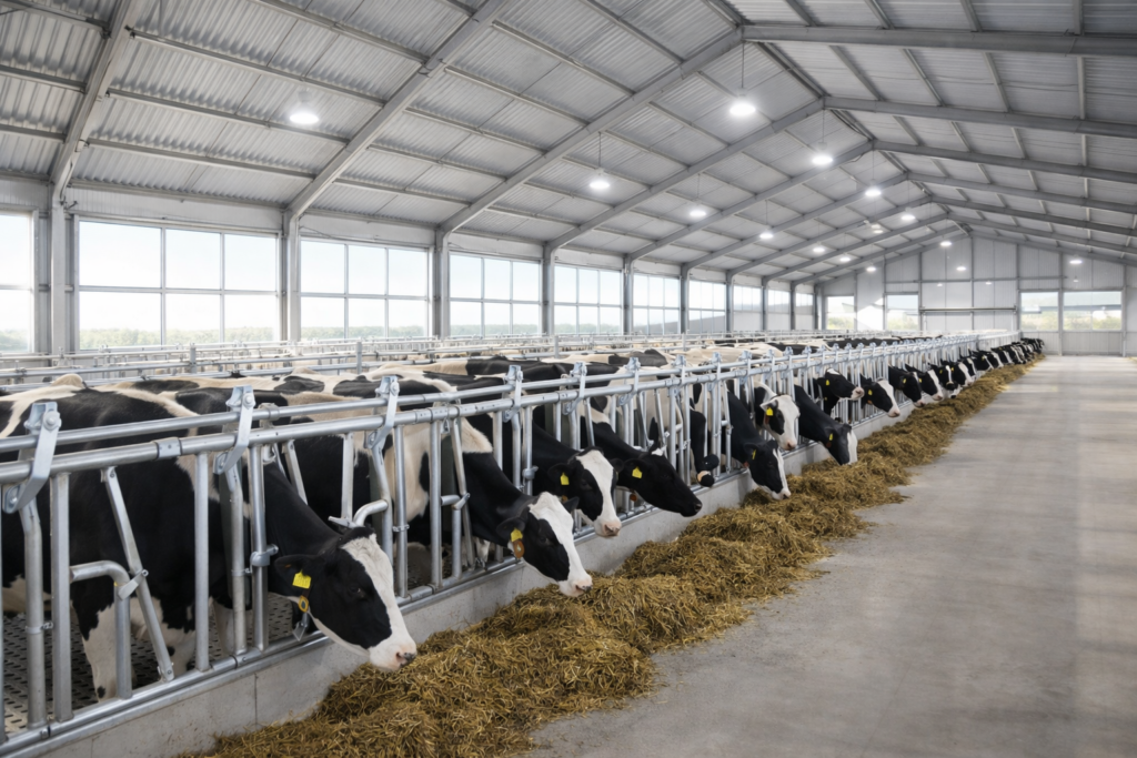 Krowy mleczne w nowoczesnej oborze z wygrodzeniami Agro AMA.