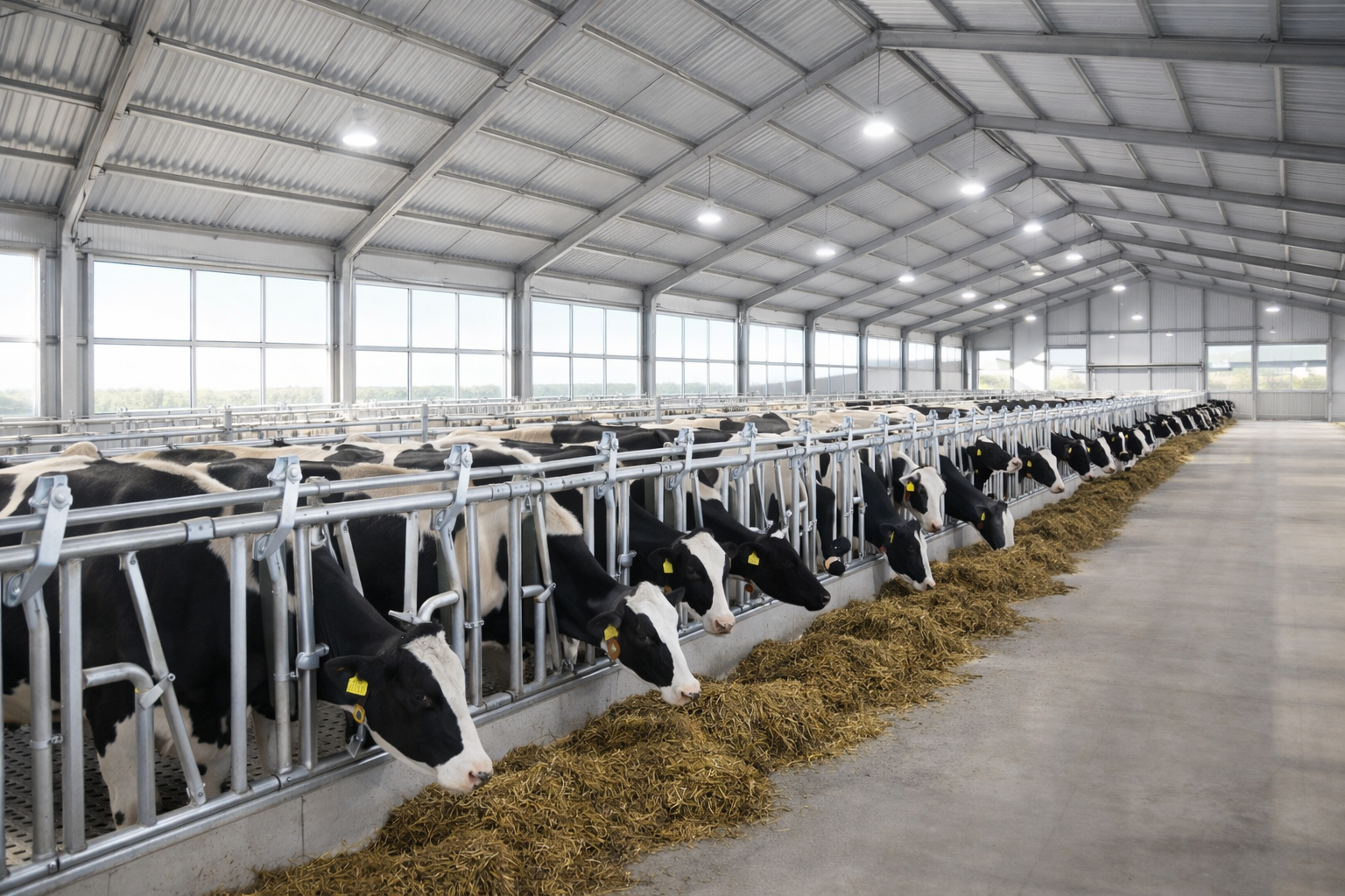 Krowy mleczne w nowoczesnej oborze z wygrodzeniami Agro AMA.